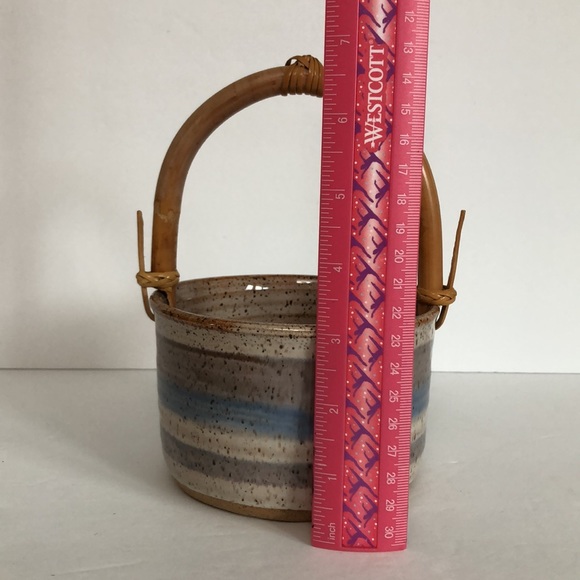 Art Pottery Glazed Basket Style Bowl With Bamboo Handle-Signed - Picture 15 of 15